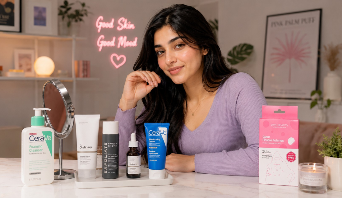 Simple skincare routine for acne prone skin in Pakistan with a clear pimple patch