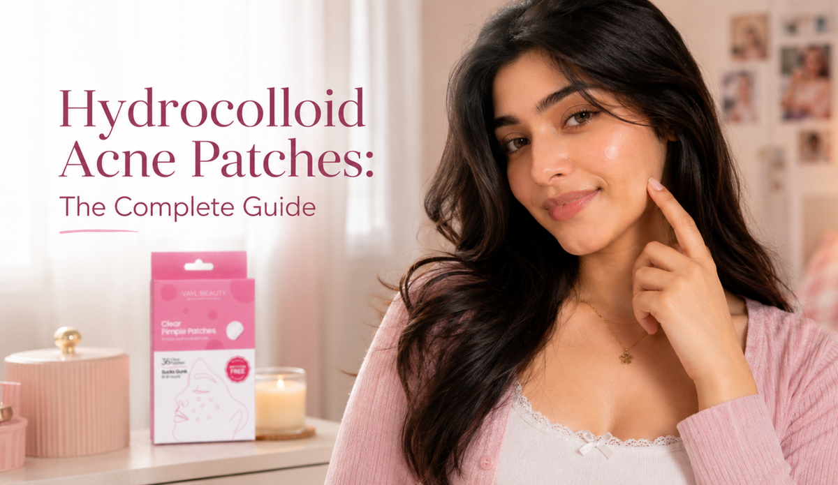 Clear hydrocolloid acne patch absorbing a whitehead on brown skin