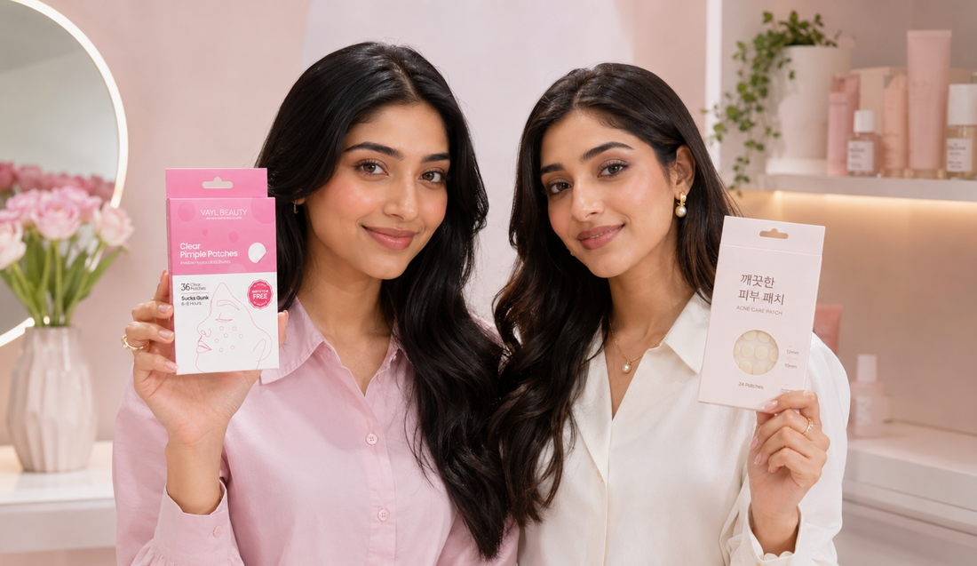 VAYL Beauty pimple patch compared with a Korean pimple patch on brown skin in Pakistan