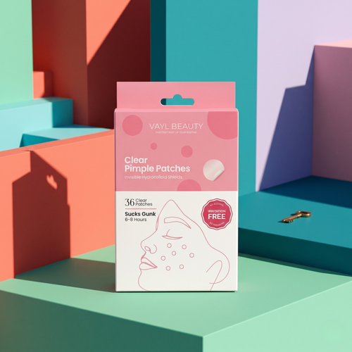 VAYL Beauty Clear Pimple Patch Pakistan. Hydrocolloid acne patch, 36 patches per box, holographic silver packaging.