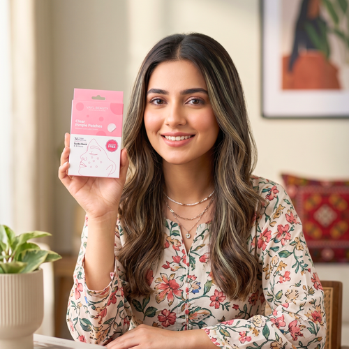 VAYL Clear Pimple Patch on South Asian brown skin. Transparent hydrocolloid patch, no white cast on deeper complexions.
