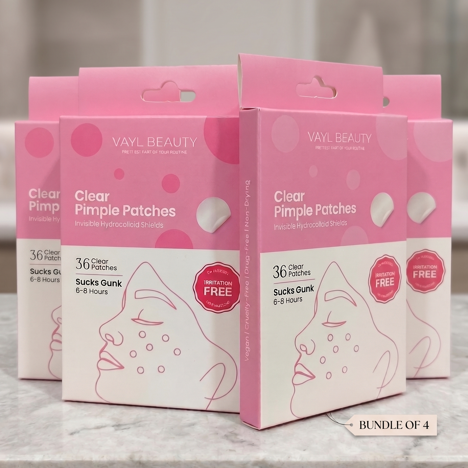 VAYL Beauty pimple patch bundle of 4 lifestyle shot. Best value clear pimple patch for South Asian skin Pakistan.