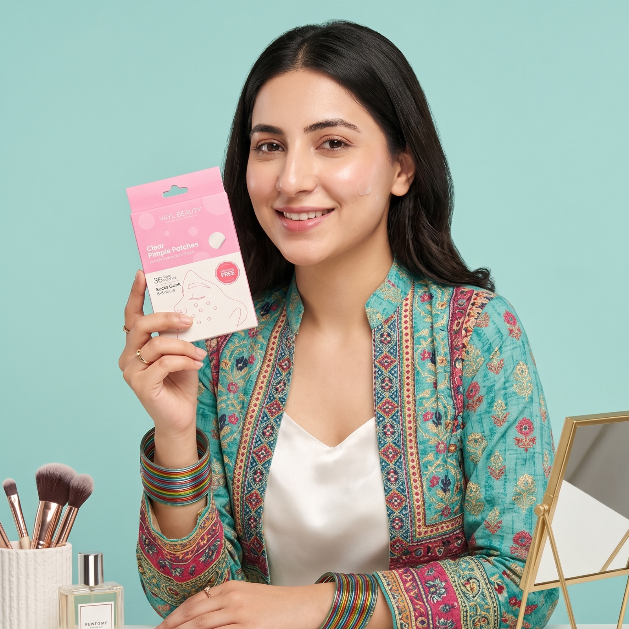 VAYL Beauty pimple patch in use. Overnight acne treatment, patch turning white, clear pimple patch Pakistan.