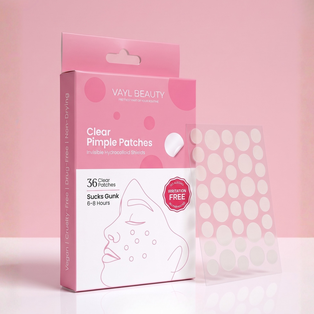 VAYL Beauty Clear Pimple Patch flat lay. Vegan cruelty-free acne patch, 36 clear hydrocolloid shields, pink packaging.
