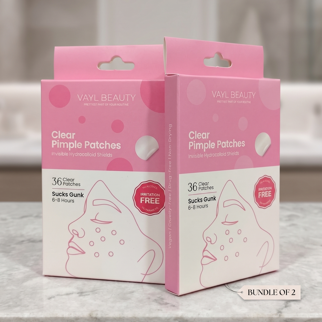 Two boxes of VAYL Beauty Clear Pimple Patches on a marble surface. Bundle of 2, hydrocolloid acne patch Pakistan.